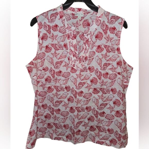 Talbots Shell Print Cotton Notched Collar Sleeveless Summer Top Lp Red White - Picture 5 of 16